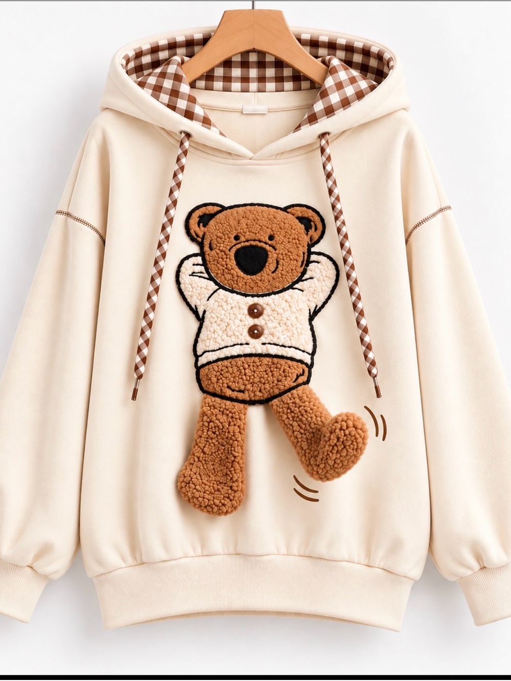easel Teddy Bear Cream Hoodie – 3D Moving Legs – Sweater Appliqué
